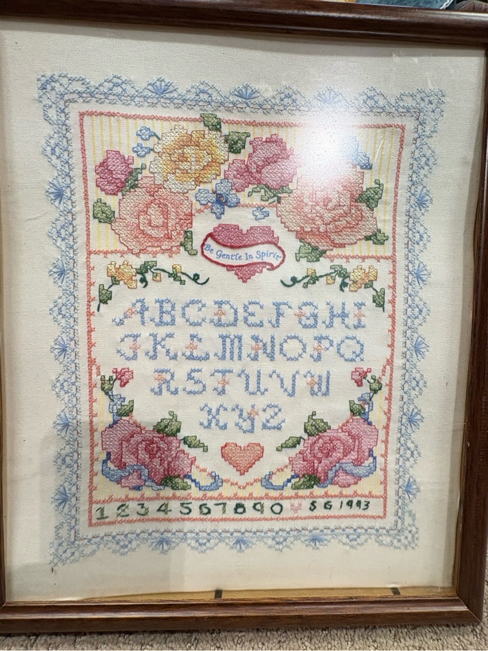 Framed Floral Cross-Stitch Sampler - Pink, Yellow & Blue